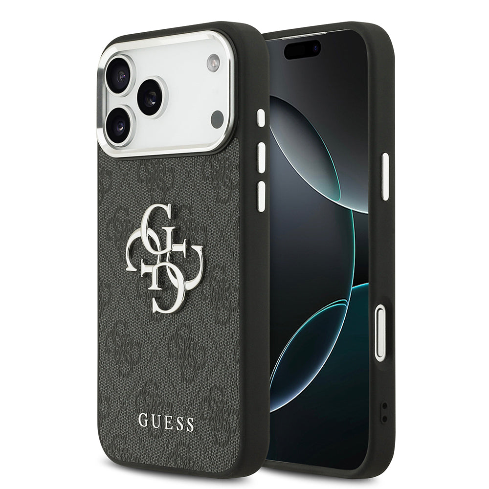 Guess iPhone 17 Pro Max Orjinal Lisanslı Gümüş Metal Kamera Çerçeveli 4G Desenli Metal Büyük 4G ve Yazı Logolu Kılıf