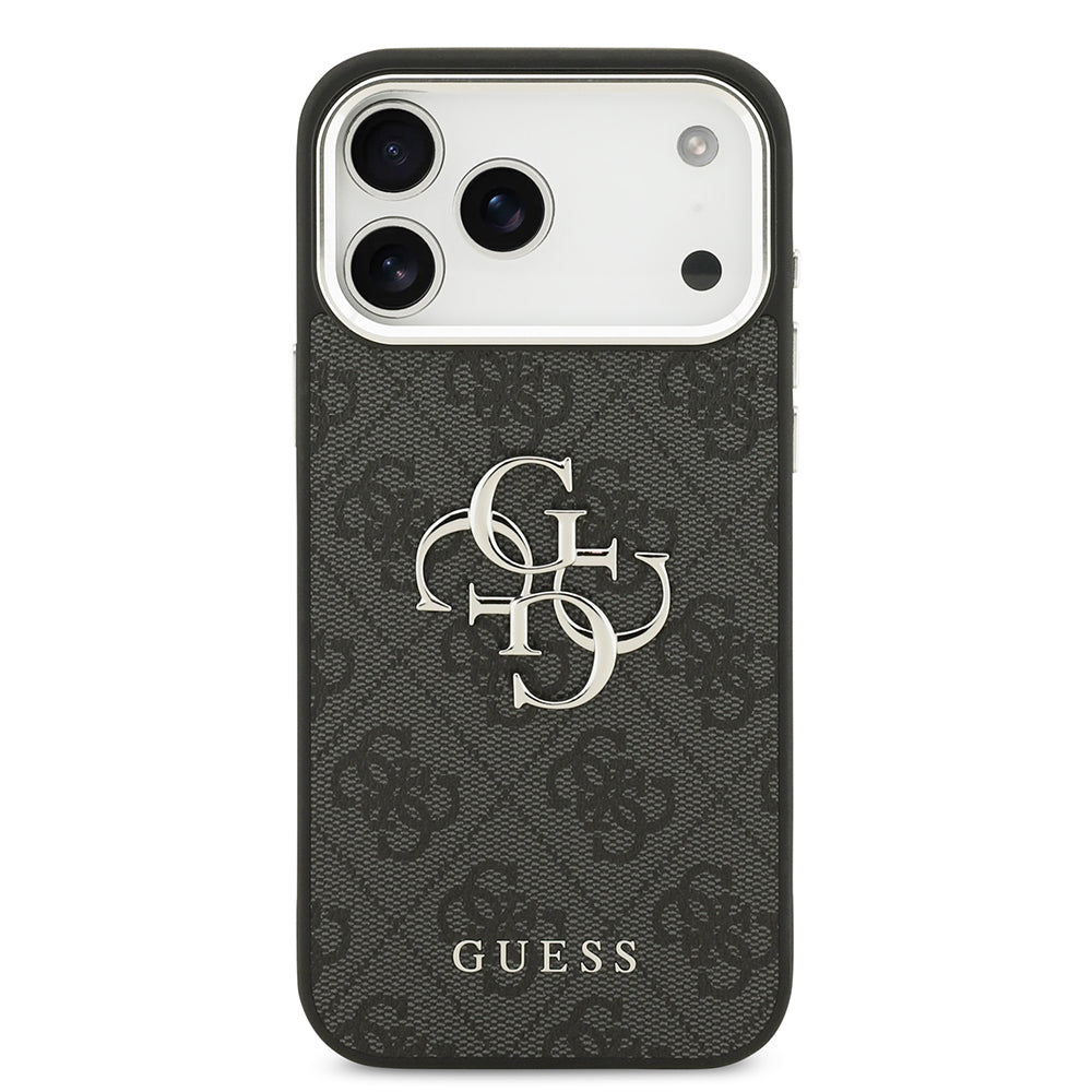 Guess iPhone 17 Pro Max Orjinal Lisanslı Gümüş Metal Kamera Çerçeveli 4G Desenli Metal Büyük 4G ve Yazı Logolu Kılıf
