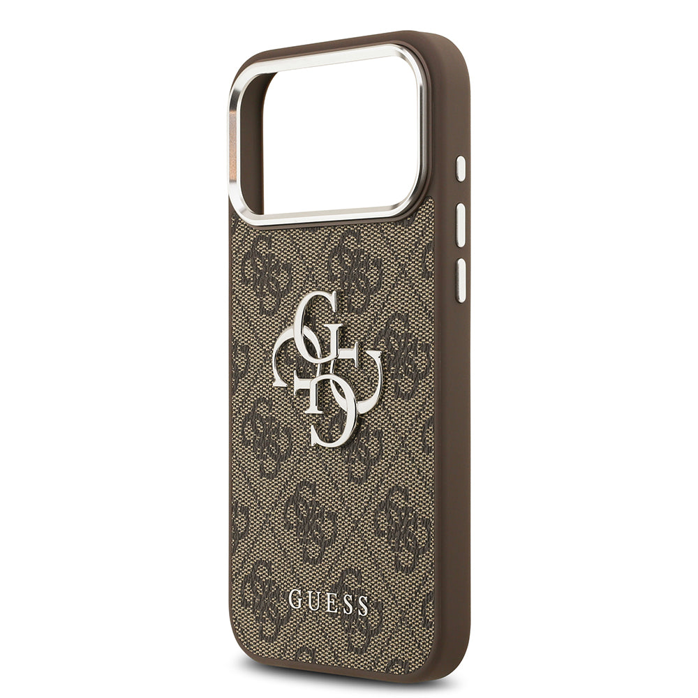 Guess iPhone 17 Pro Max Orjinal Lisanslı Gümüş Metal Kamera Çerçeveli 4G Desenli Metal Büyük 4G ve Yazı Logolu Kılıf