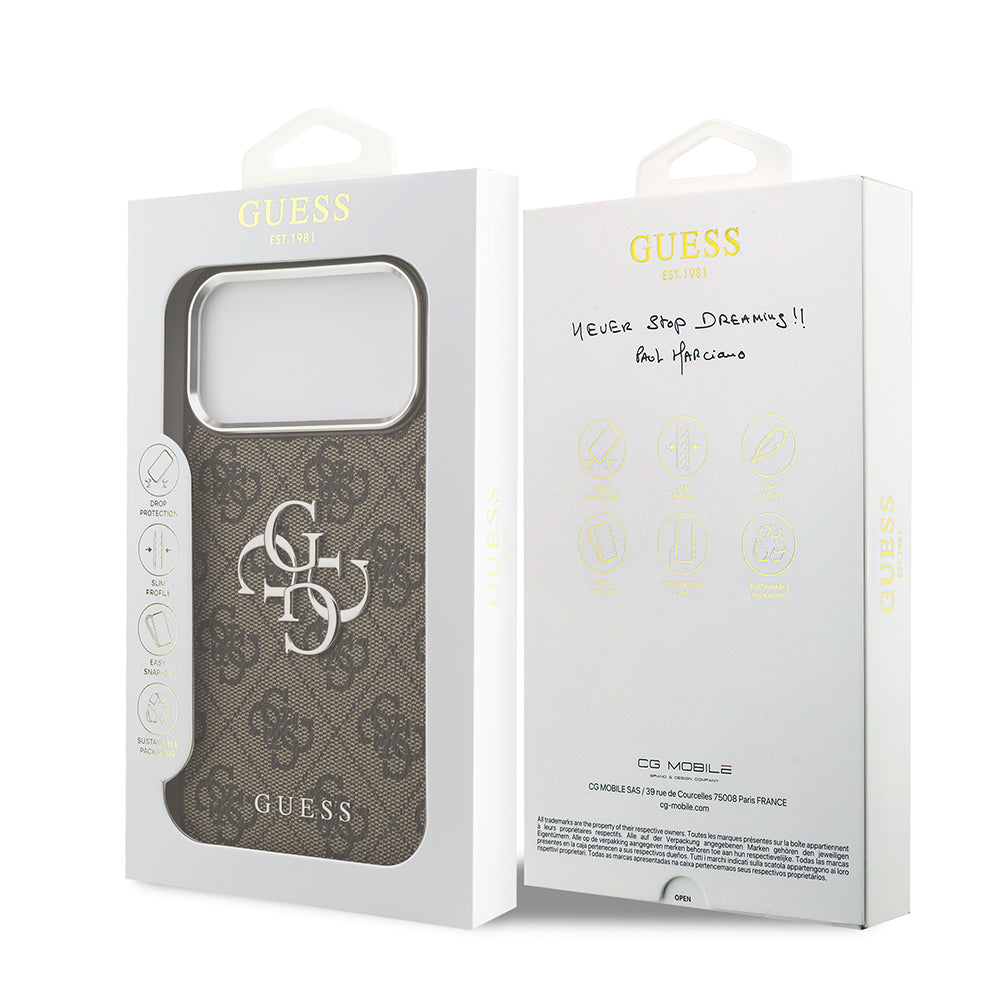 Guess iPhone 17 Pro Max Orjinal Lisanslı Gümüş Metal Kamera Çerçeveli 4G Desenli Metal Büyük 4G ve Yazı Logolu Kılıf