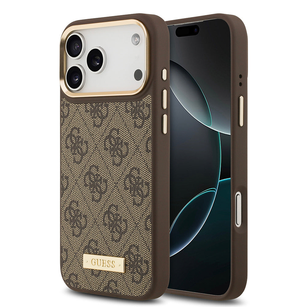 Guess iPhone 17 Pro Max Orjinal Lisanslı M-safe Şarj Özellikli 4G Desenli PU Metal Plaka Klasik Logolu Kılıf