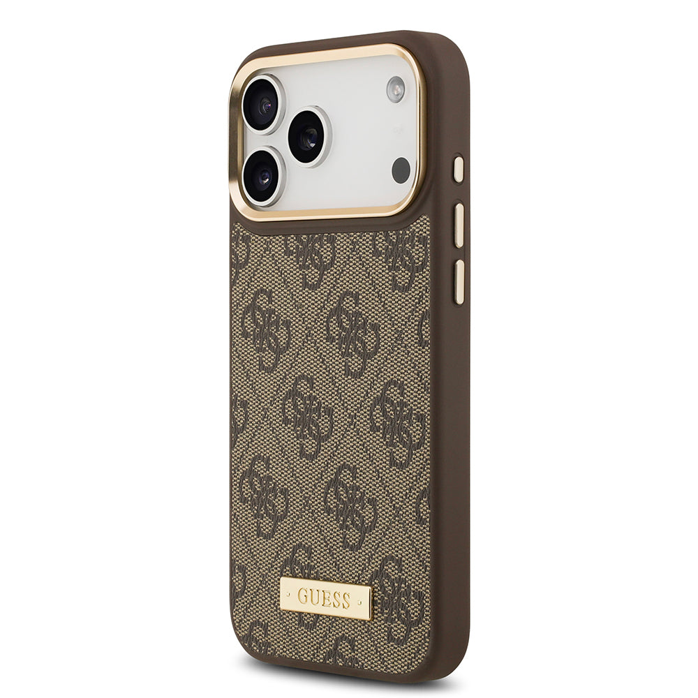 Guess iPhone 17 Pro Max Orjinal Lisanslı M-safe Şarj Özellikli 4G Desenli PU Metal Plaka Klasik Logolu Kılıf