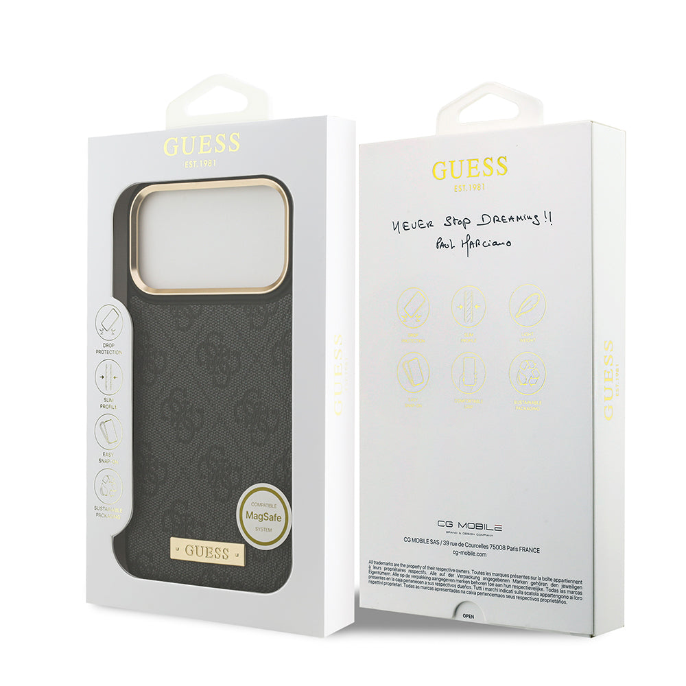 Guess iPhone 17 Pro Max Orjinal Lisanslı M-safe Şarj Özellikli 4G Desenli PU Metal Plaka Klasik Logolu Kılıf