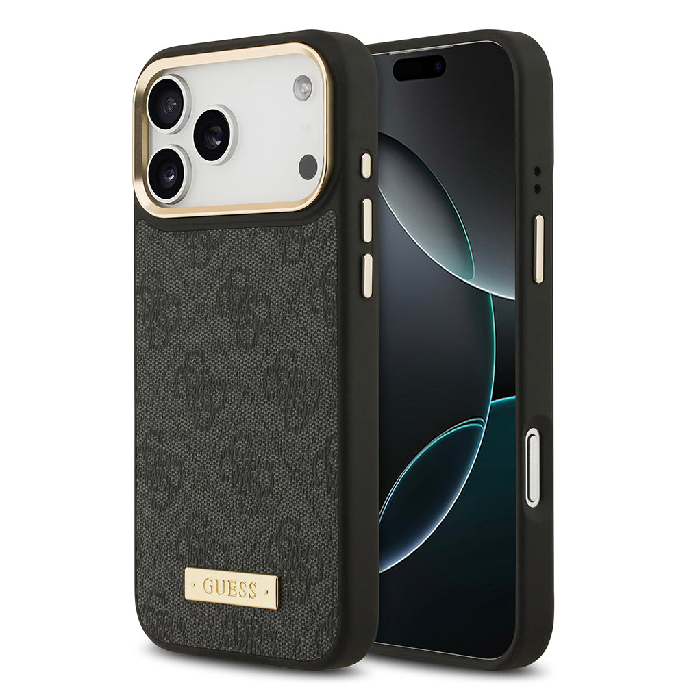 Guess iPhone 17 Pro Max Orjinal Lisanslı M-safe Şarj Özellikli 4G Desenli PU Metal Plaka Klasik Logolu Kılıf