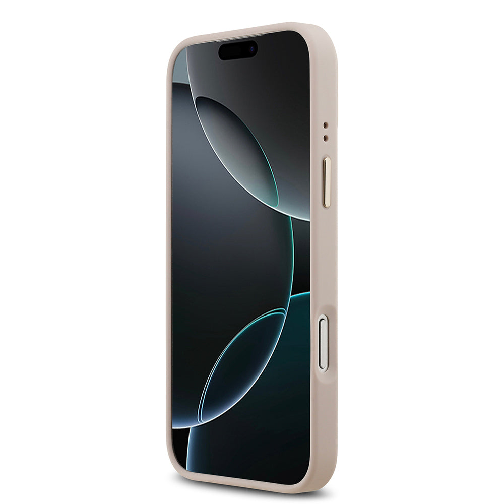 Guess iPhone 17 Pro Max Orjinal Lisanslı M-safe Şarj Özellikli Gold Metal Kamera Çerçeveli PU Deri 4G Desenli Yazı Logolu Kılıf