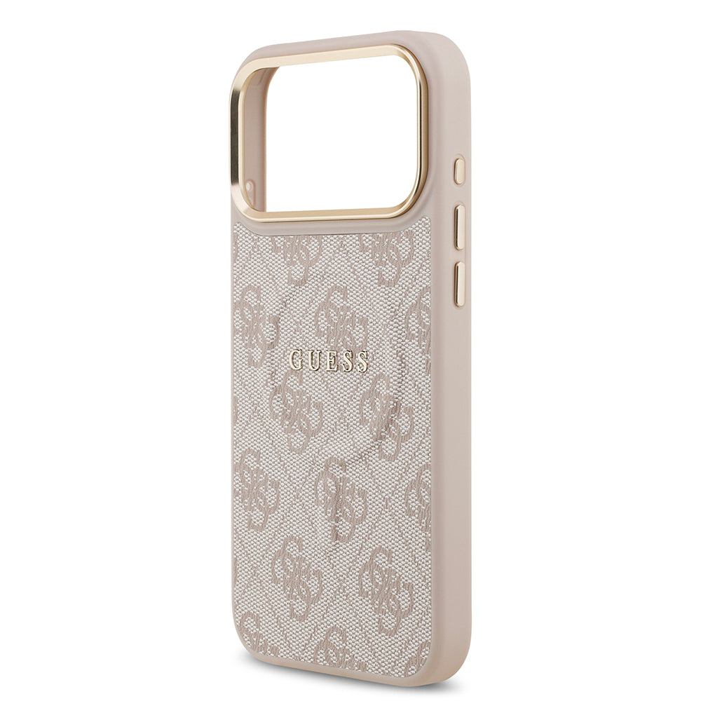 Guess iPhone 17 Pro Max Orjinal Lisanslı M-safe Şarj Özellikli Gold Metal Kamera Çerçeveli PU Deri 4G Desenli Yazı Logolu Kılıf