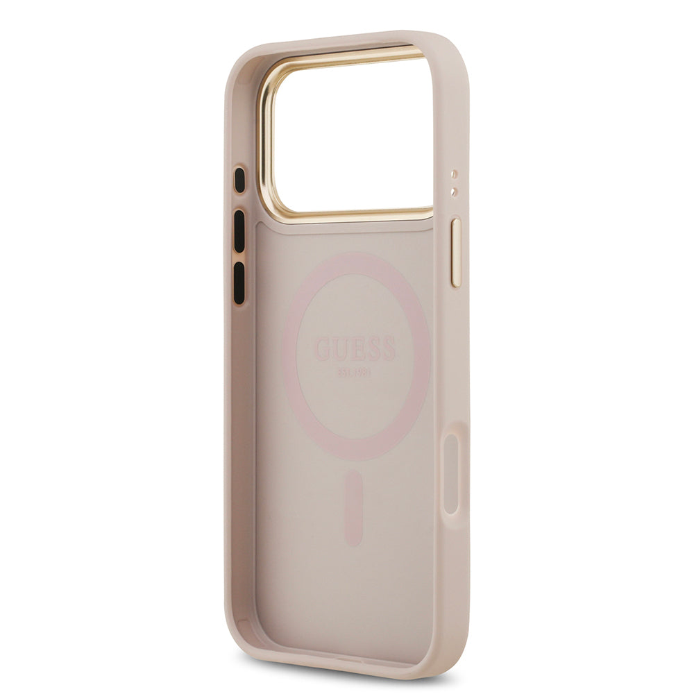 Guess iPhone 17 Pro Max Orjinal Lisanslı M-safe Şarj Özellikli Gold Metal Kamera Çerçeveli PU Deri 4G Desenli Yazı Logolu Kılıf