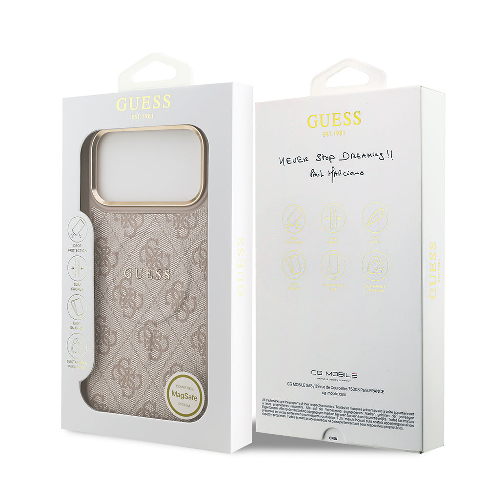 Guess iPhone 17 Pro Max Orjinal Lisanslı M-safe Şarj Özellikli Gold Metal Kamera Çerçeveli PU Deri 4G Desenli Yazı Logolu Kılıf