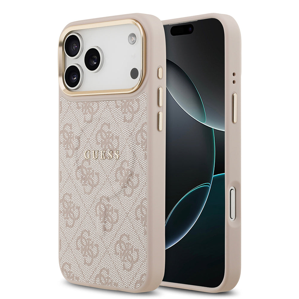 Guess iPhone 17 Pro Max Orjinal Lisanslı M-safe Şarj Özellikli Gold Metal Kamera Çerçeveli PU Deri 4G Desenli Yazı Logolu Kılıf