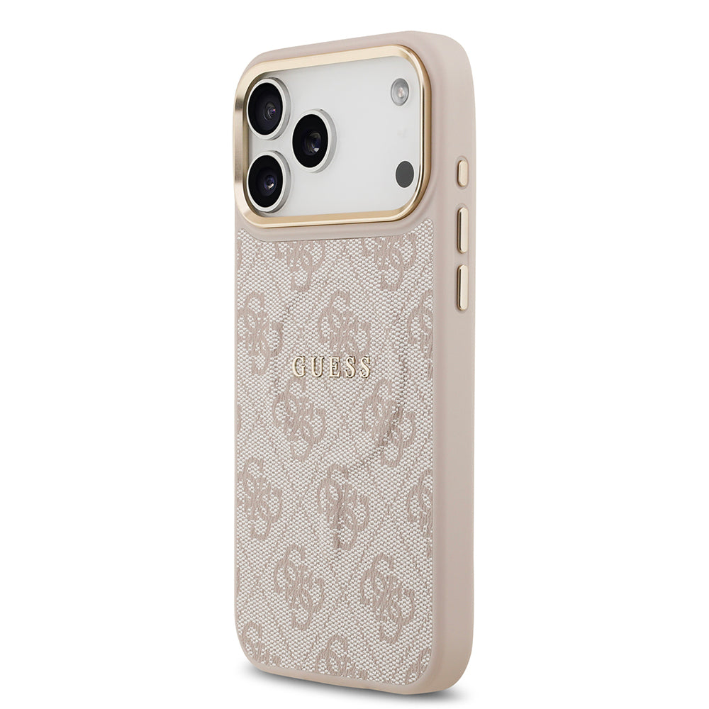Guess iPhone 17 Pro Max Orjinal Lisanslı M-safe Şarj Özellikli Gold Metal Kamera Çerçeveli PU Deri 4G Desenli Yazı Logolu Kılıf