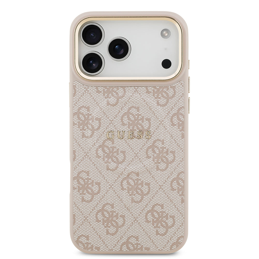 Guess iPhone 17 Pro Max Orjinal Lisanslı M-safe Şarj Özellikli Gold Metal Kamera Çerçeveli PU Deri 4G Desenli Yazı Logolu Kılıf