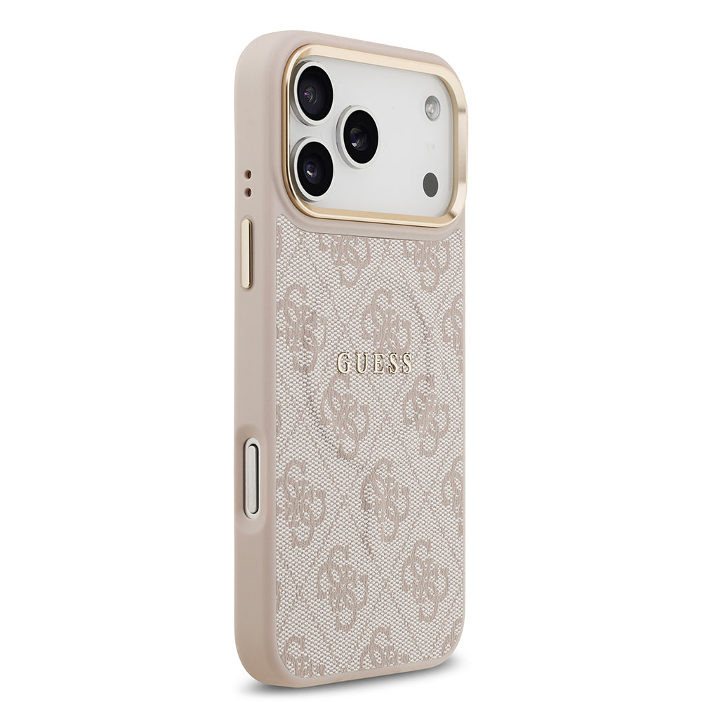 Guess iPhone 17 Pro Max Orjinal Lisanslı M-safe Şarj Özellikli Gold Metal Kamera Çerçeveli PU Deri 4G Desenli Yazı Logolu Kılıf