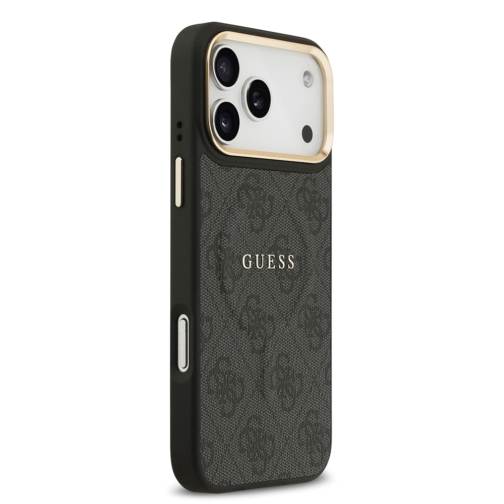 Guess iPhone 17 Pro Max Orjinal Lisanslı M-safe Şarj Özellikli Gold Metal Kamera Çerçeveli PU Deri 4G Desenli Yazı Logolu Kılıf