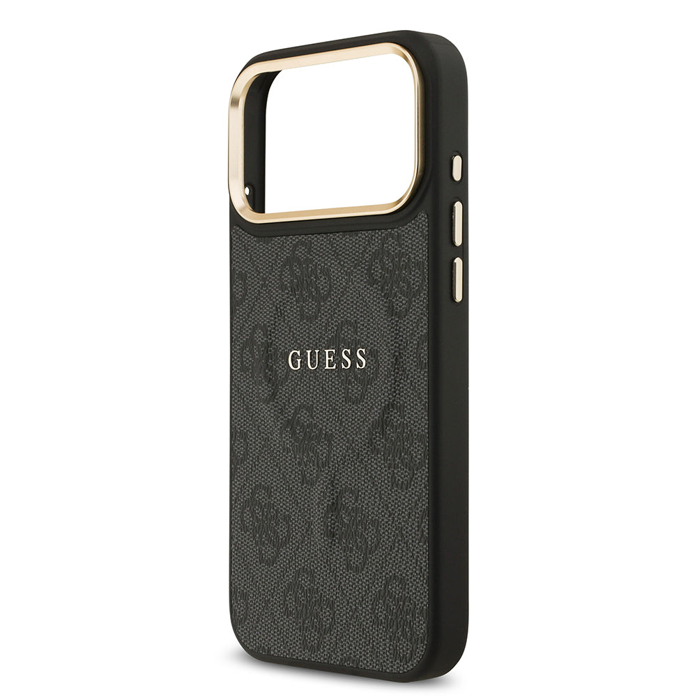 Guess iPhone 17 Pro Max Orjinal Lisanslı M-safe Şarj Özellikli Gold Metal Kamera Çerçeveli PU Deri 4G Desenli Yazı Logolu Kılıf
