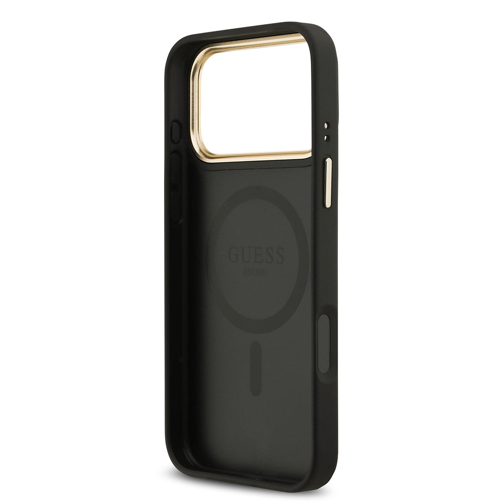 Guess iPhone 17 Pro Max Orjinal Lisanslı M-safe Şarj Özellikli Gold Metal Kamera Çerçeveli PU Deri 4G Desenli Yazı Logolu Kılıf