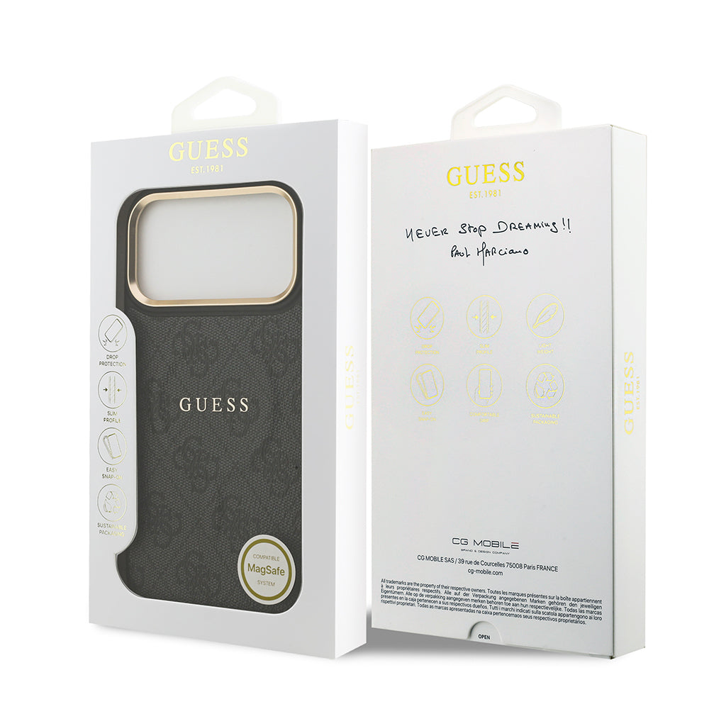 Guess iPhone 17 Pro Max Orjinal Lisanslı M-safe Şarj Özellikli Gold Metal Kamera Çerçeveli PU Deri 4G Desenli Yazı Logolu Kılıf