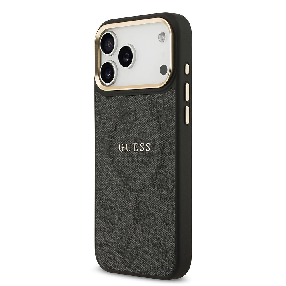 Guess iPhone 17 Pro Max Orjinal Lisanslı M-safe Şarj Özellikli Gold Metal Kamera Çerçeveli PU Deri 4G Desenli Yazı Logolu Kılıf