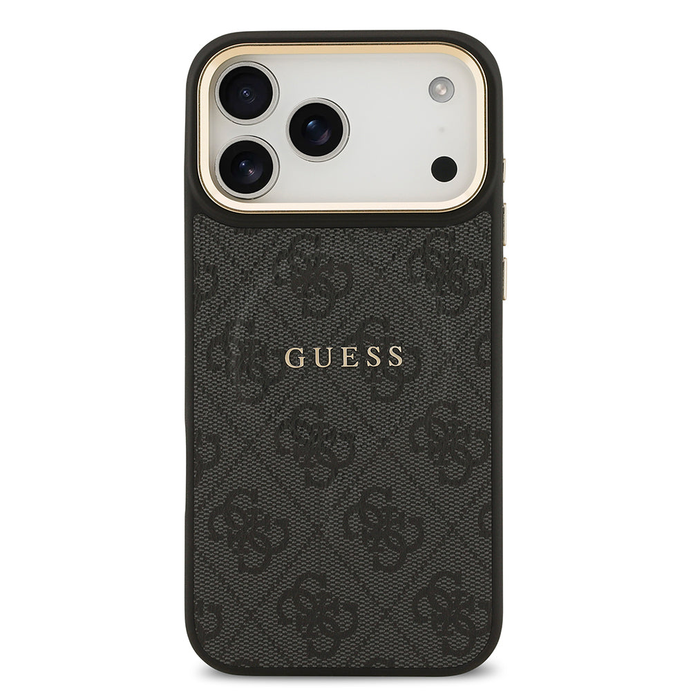 Guess iPhone 17 Pro Max Orjinal Lisanslı M-safe Şarj Özellikli Gold Metal Kamera Çerçeveli PU Deri 4G Desenli Yazı Logolu Kılıf