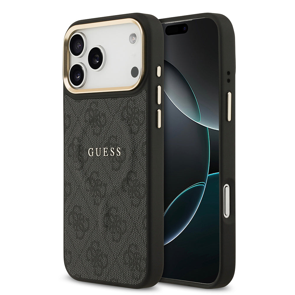Guess iPhone 17 Pro Max Orjinal Lisanslı M-safe Şarj Özellikli Gold Metal Kamera Çerçeveli PU Deri 4G Desenli Yazı Logolu Kılıf