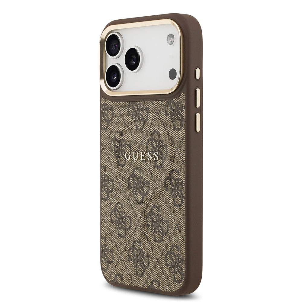 Guess iPhone 17 Pro Max Orjinal Lisanslı M-safe Şarj Özellikli Gold Metal Kamera Çerçeveli PU Deri 4G Desenli Yazı Logolu Kılıf
