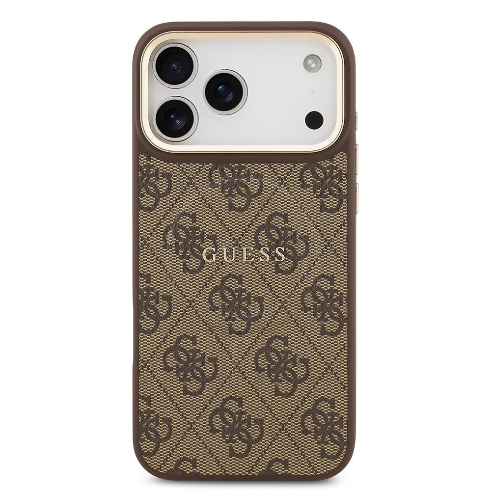 Guess iPhone 17 Pro Max Orjinal Lisanslı M-safe Şarj Özellikli Gold Metal Kamera Çerçeveli PU Deri 4G Desenli Yazı Logolu Kılıf