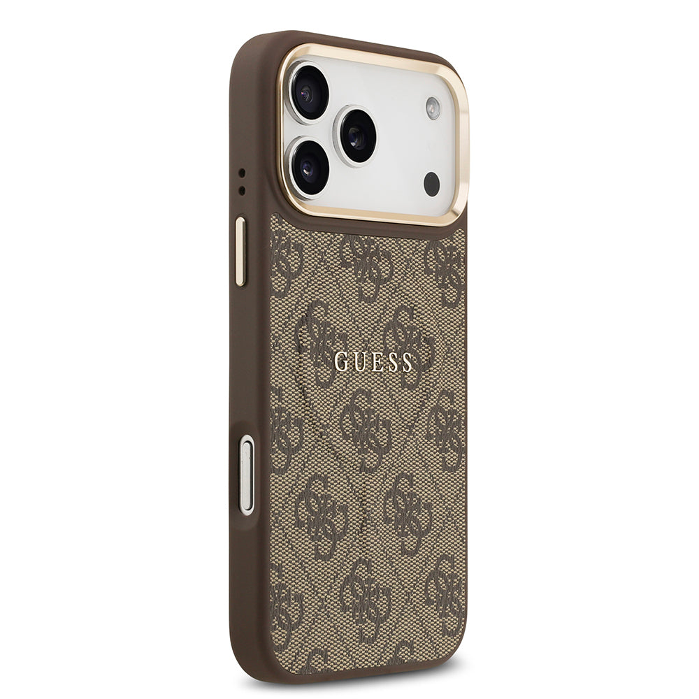 Guess iPhone 17 Pro Max Orjinal Lisanslı M-safe Şarj Özellikli Gold Metal Kamera Çerçeveli PU Deri 4G Desenli Yazı Logolu Kılıf