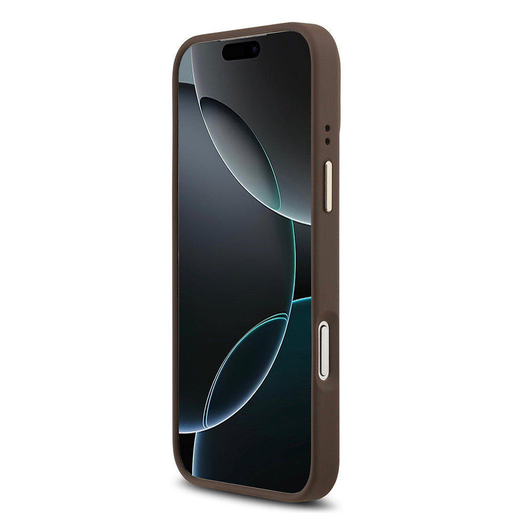 Guess iPhone 17 Pro Max Orjinal Lisanslı M-safe Şarj Özellikli Gold Metal Kamera Çerçeveli PU Deri 4G Desenli Yazı Logolu Kılıf