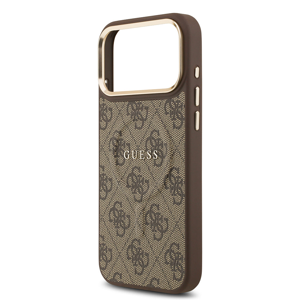 Guess iPhone 17 Pro Max Orjinal Lisanslı M-safe Şarj Özellikli Gold Metal Kamera Çerçeveli PU Deri 4G Desenli Yazı Logolu Kılıf