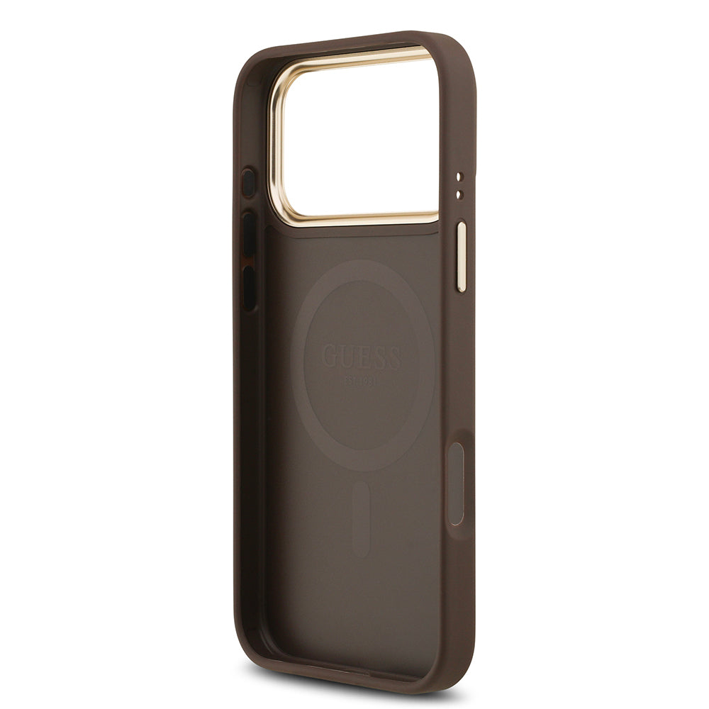 Guess iPhone 17 Pro Max Orjinal Lisanslı M-safe Şarj Özellikli Gold Metal Kamera Çerçeveli PU Deri 4G Desenli Yazı Logolu Kılıf