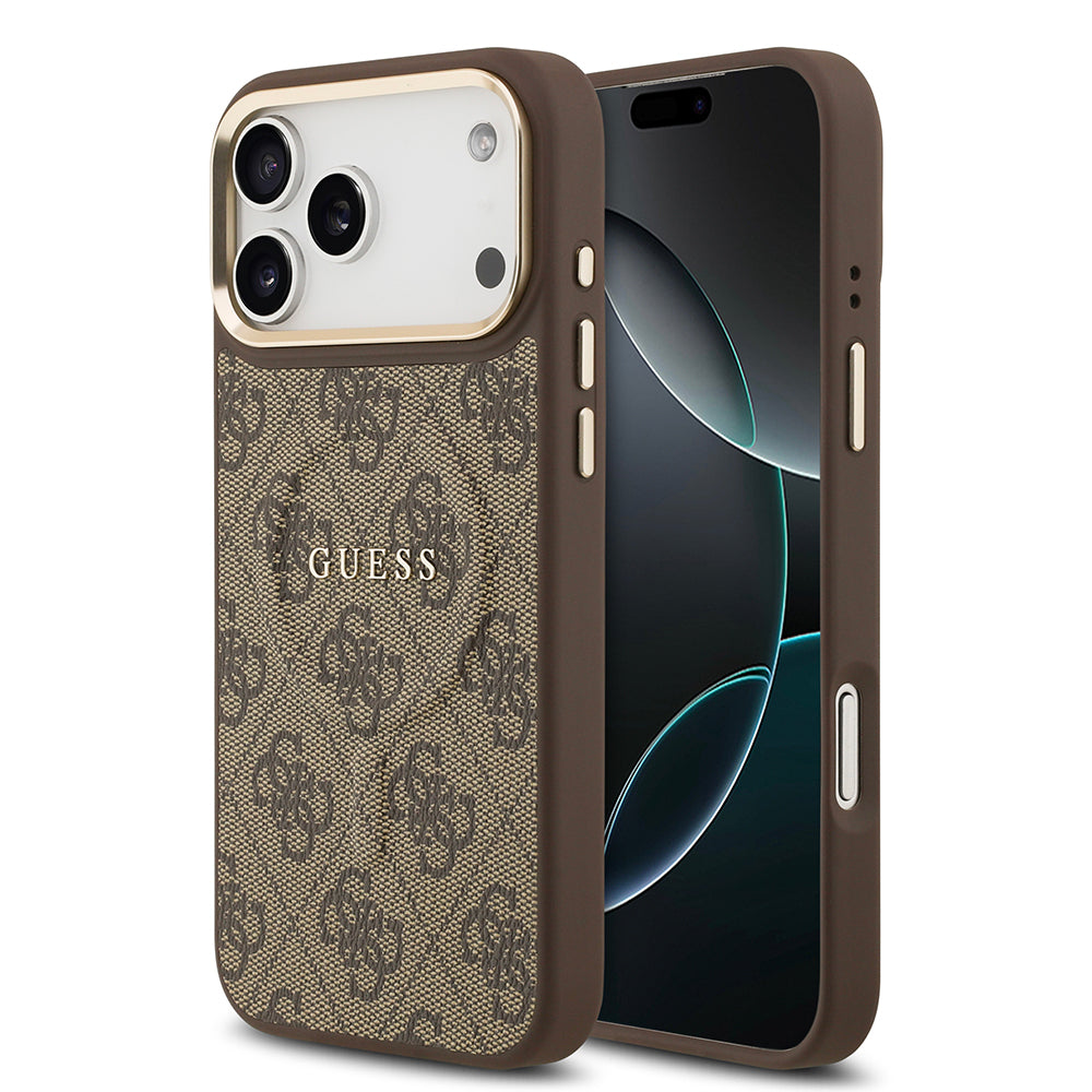 Guess iPhone 17 Pro Max Orjinal Lisanslı M-safe Şarj Özellikli Gold Metal Kamera Çerçeveli PU Deri 4G Desenli Yazı Logolu Kılıf