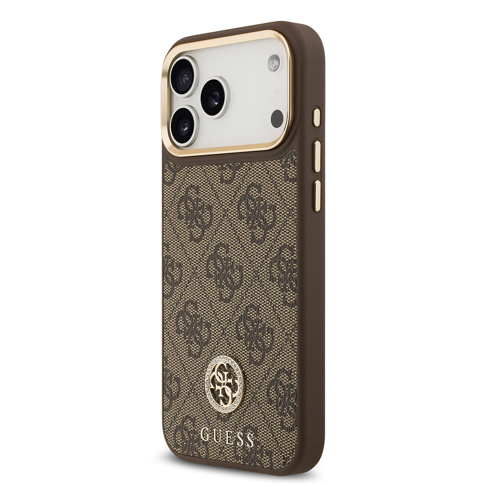 Guess iPhone 17 Pro Max Orjinal Lisanslı M-safe Şarj Özellikli Gold Metal Kamera Çerçeveli Taşlı 4G Logolu Kılıf