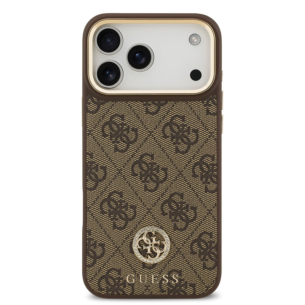 Guess iPhone 17 Pro Max Orjinal Lisanslı M-safe Şarj Özellikli Gold Metal Kamera Çerçeveli Taşlı 4G Logolu Kılıf