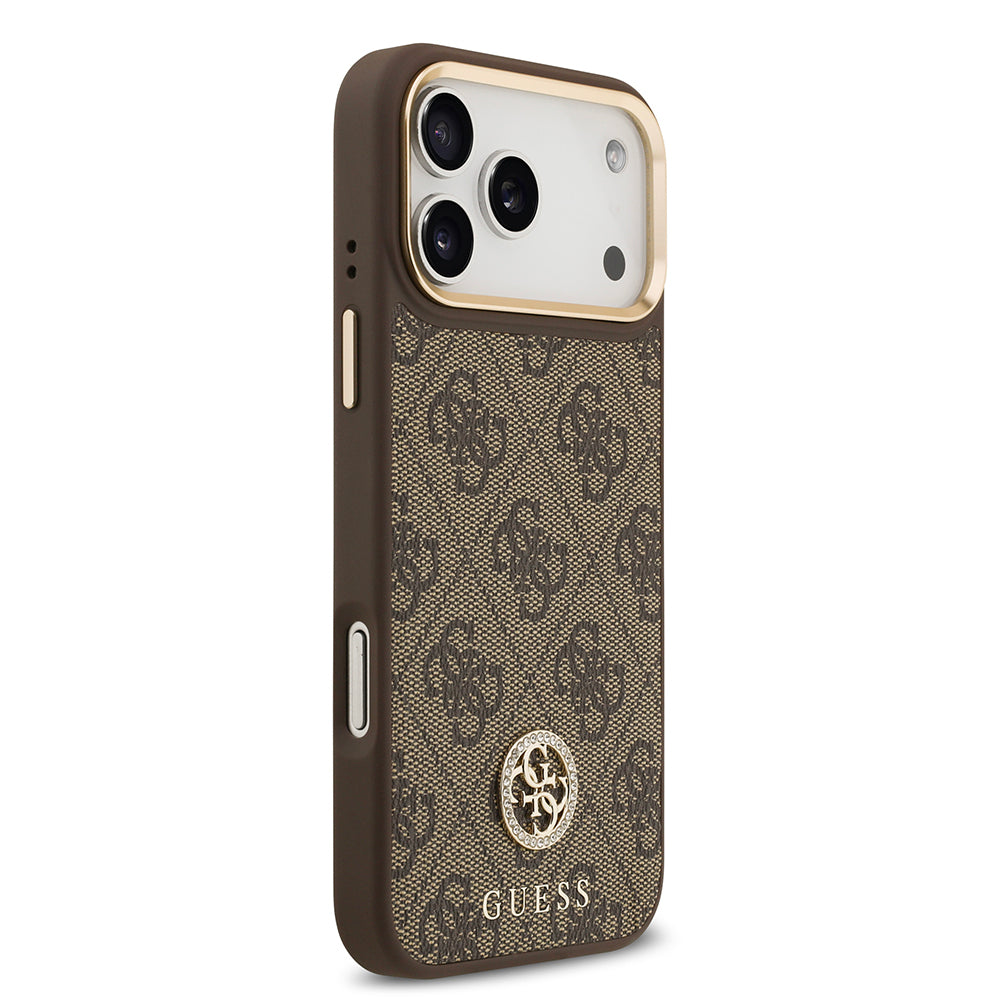 Guess iPhone 17 Pro Max Orjinal Lisanslı M-safe Şarj Özellikli Gold Metal Kamera Çerçeveli Taşlı 4G Logolu Kılıf