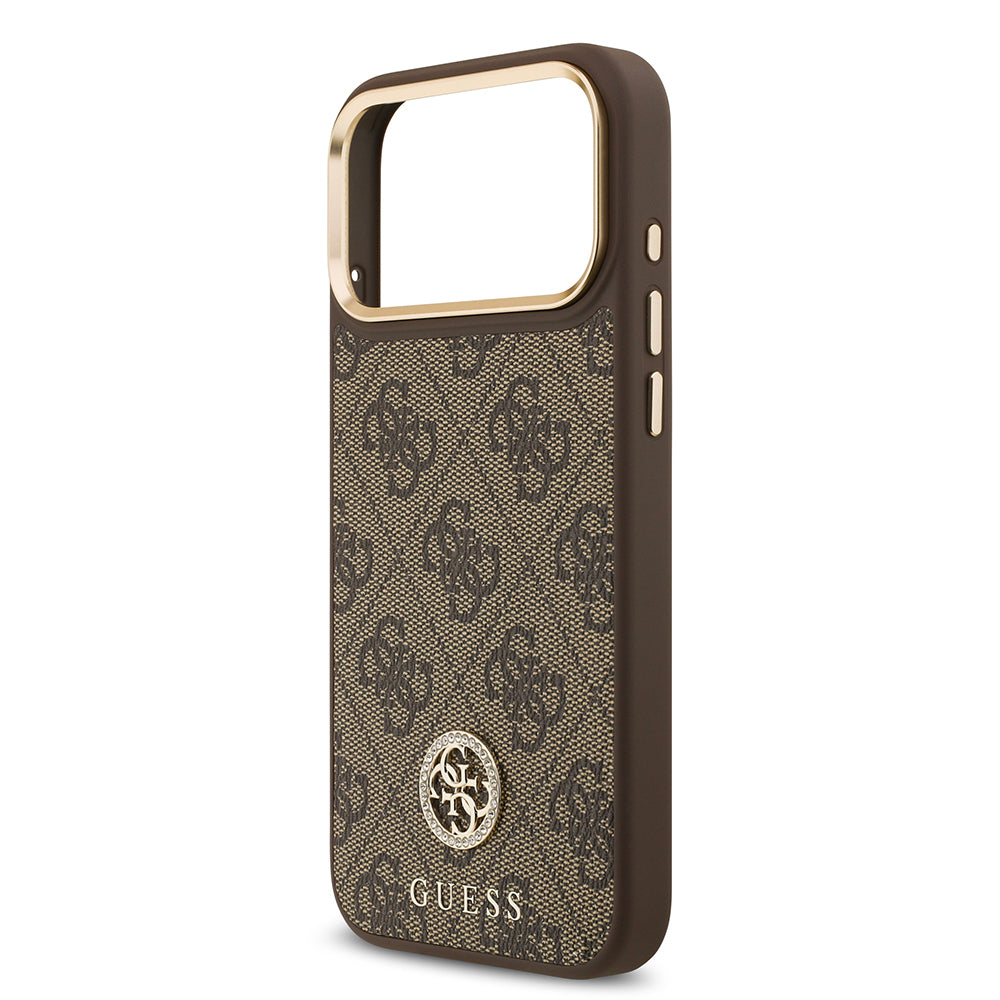 Guess iPhone 17 Pro Max Orjinal Lisanslı M-safe Şarj Özellikli Gold Metal Kamera Çerçeveli Taşlı 4G Logolu Kılıf
