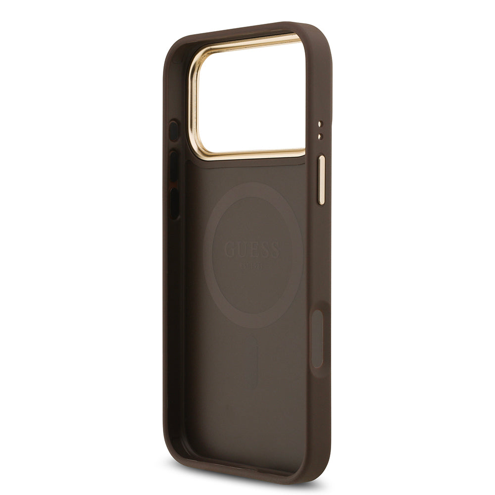 Guess iPhone 17 Pro Max Orjinal Lisanslı M-safe Şarj Özellikli Gold Metal Kamera Çerçeveli Taşlı 4G Logolu Kılıf