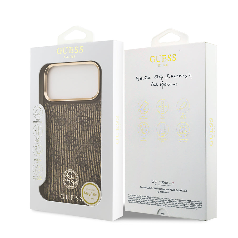 Guess iPhone 17 Pro Max Orjinal Lisanslı M-safe Şarj Özellikli Gold Metal Kamera Çerçeveli Taşlı 4G Logolu Kılıf
