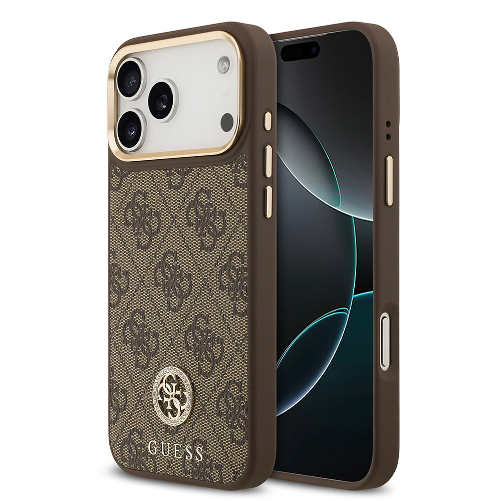 Guess iPhone 17 Pro Max Orjinal Lisanslı M-safe Şarj Özellikli Gold Metal Kamera Çerçeveli Taşlı 4G Logolu Kılıf