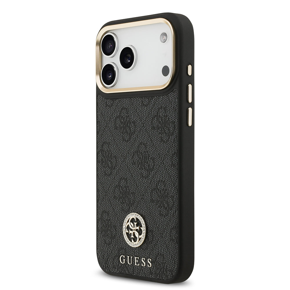 Guess iPhone 17 Pro Max Orjinal Lisanslı M-safe Şarj Özellikli Gold Metal Kamera Çerçeveli Taşlı 4G Logolu Kılıf