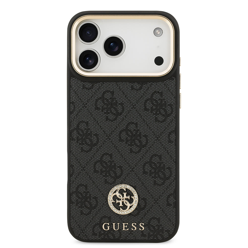 Guess iPhone 17 Pro Max Orjinal Lisanslı M-safe Şarj Özellikli Gold Metal Kamera Çerçeveli Taşlı 4G Logolu Kılıf