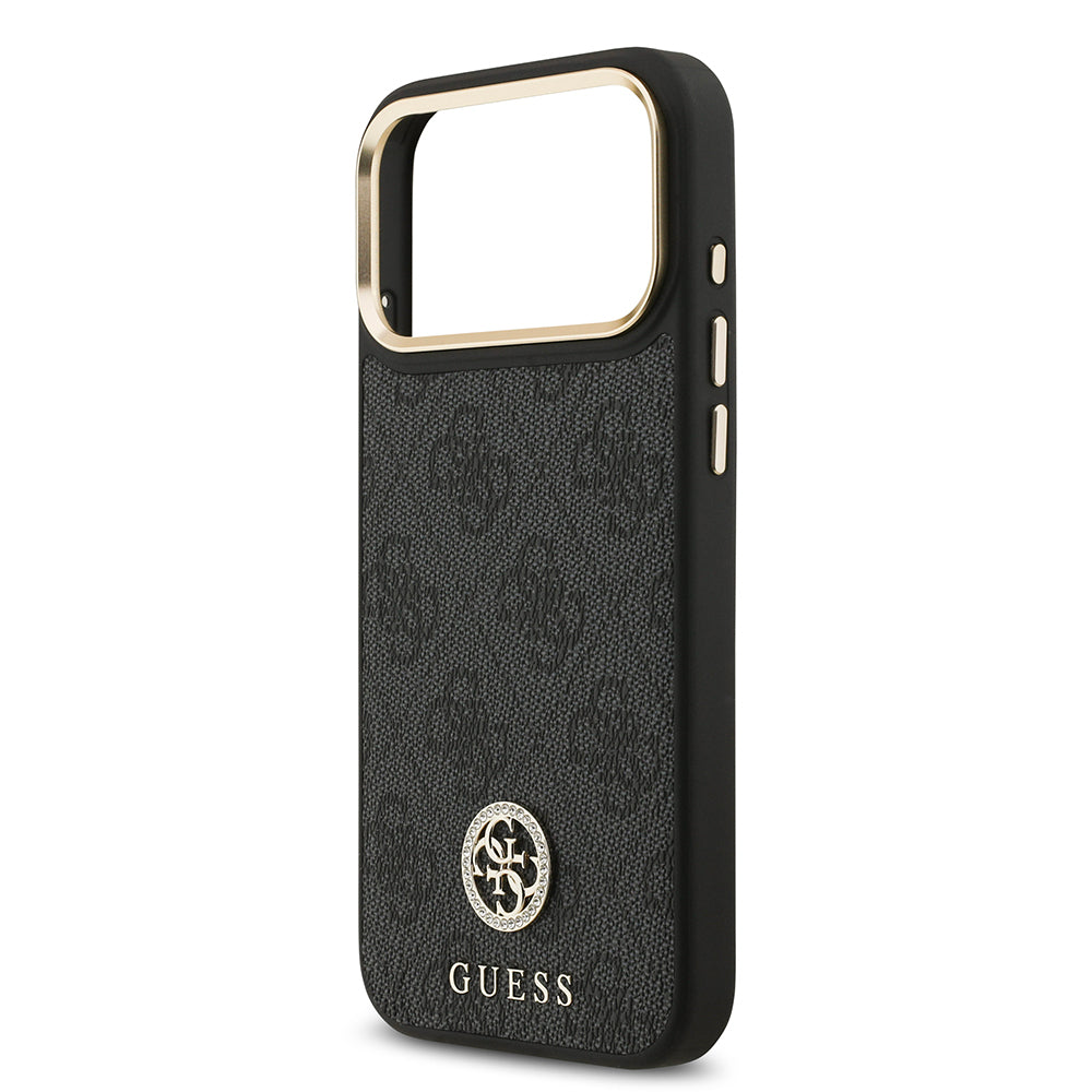 Guess iPhone 17 Pro Max Orjinal Lisanslı M-safe Şarj Özellikli Gold Metal Kamera Çerçeveli Taşlı 4G Logolu Kılıf