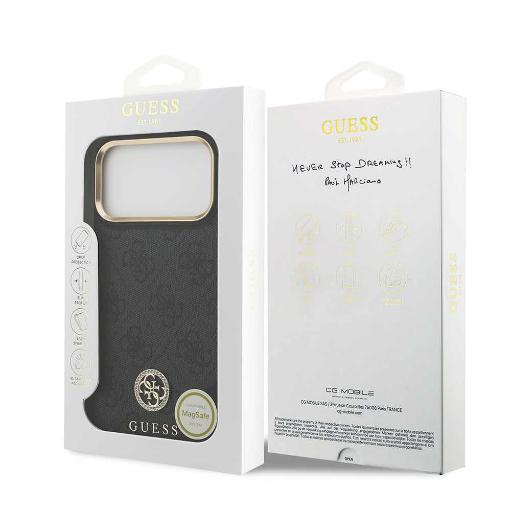 Guess iPhone 17 Pro Max Orjinal Lisanslı M-safe Şarj Özellikli Gold Metal Kamera Çerçeveli Taşlı 4G Logolu Kılıf