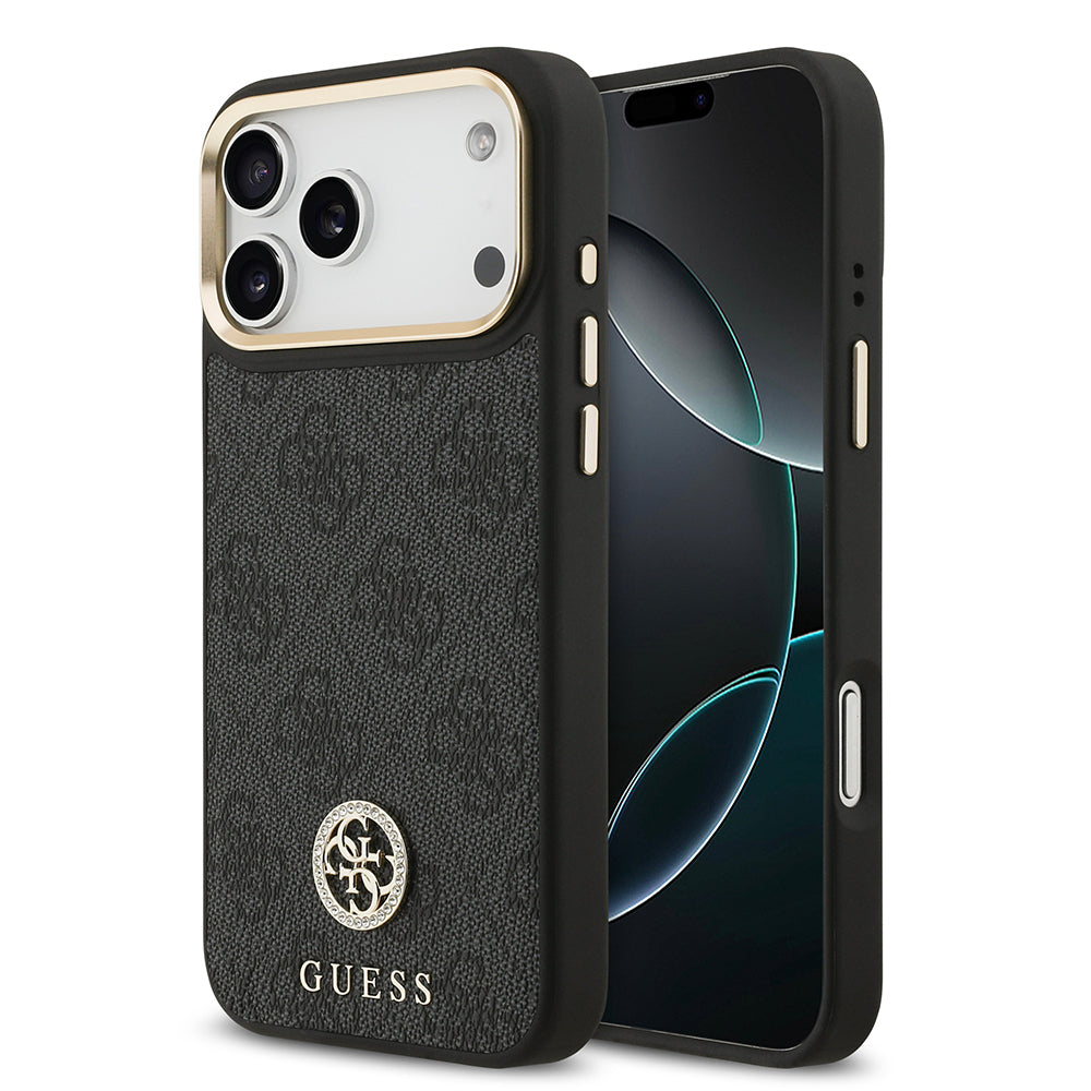 Guess iPhone 17 Pro Max Orjinal Lisanslı M-safe Şarj Özellikli Gold Metal Kamera Çerçeveli Taşlı 4G Logolu Kılıf