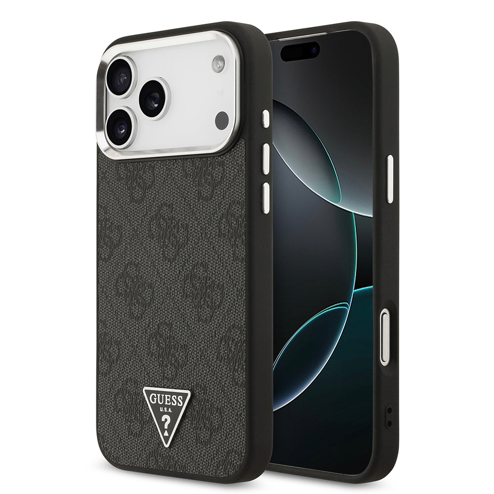 Guess iPhone 17 Pro Max Orjinal Lisanslı M-safe Gold Metal Kamera Çerçeveli Taşlı Üçgen Logo 4G Desenli Telefon Kılıfı