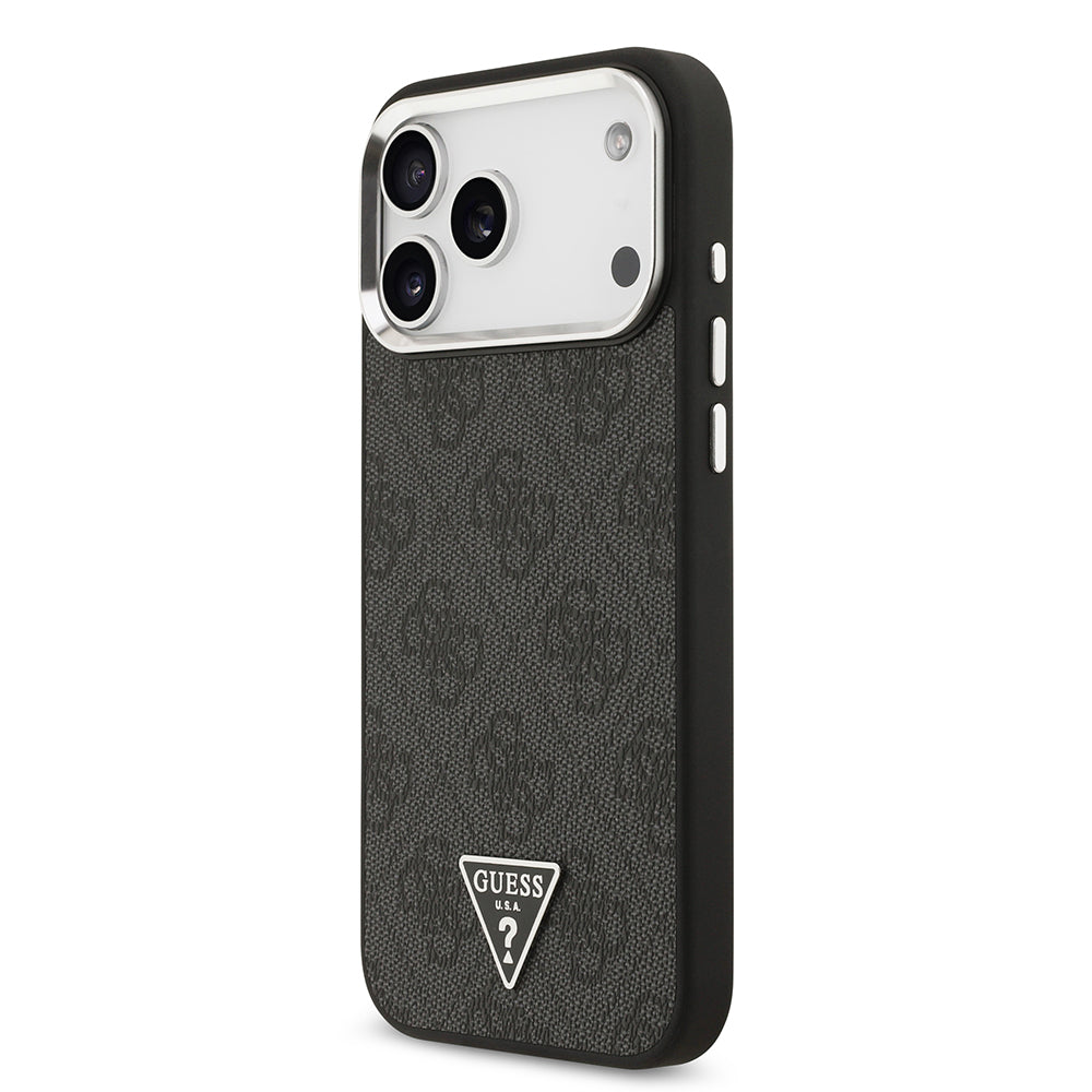 Guess iPhone 17 Pro Max Orjinal Lisanslı M-safe Gold Metal Kamera Çerçeveli Taşlı Üçgen Logo 4G Desenli Kılıf