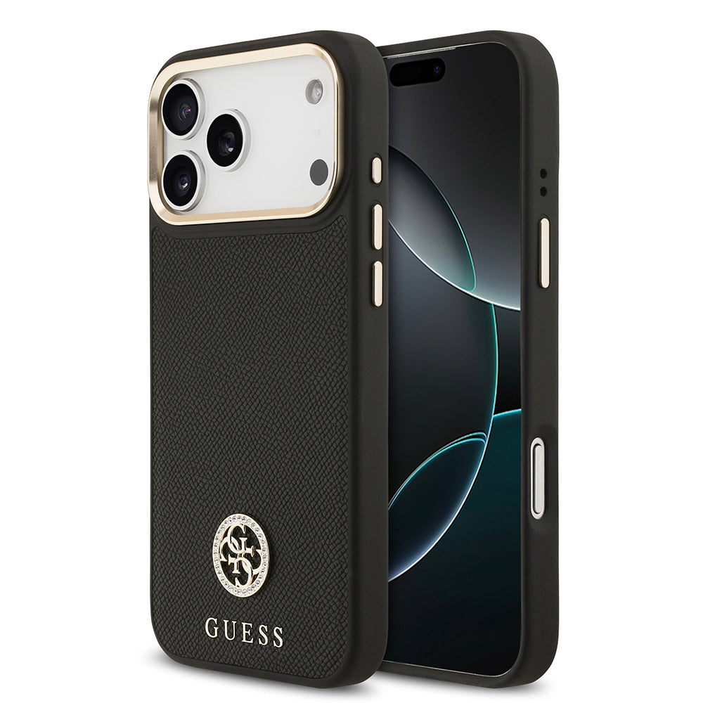 Guess iPhone 17 Pro Max Orjinal Lisanslı M-safe Şarj Özellikli Grained Yazı ve Taşlı 4G Logolu Kılıf