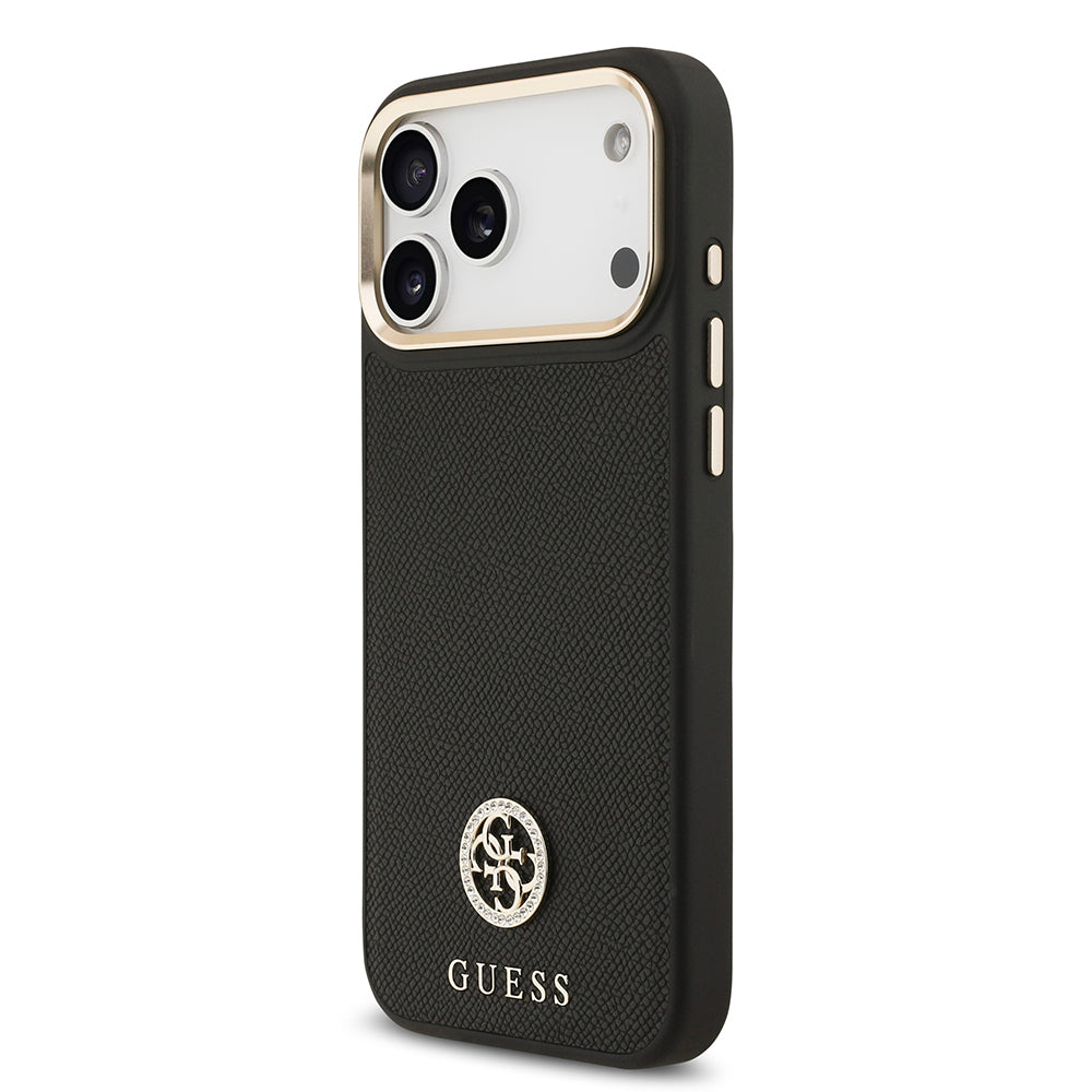 Guess iPhone 17 Pro Max Orjinal Lisanslı M-safe Şarj Özellikli Grained Yazı ve Taşlı 4G Logolu Kılıf