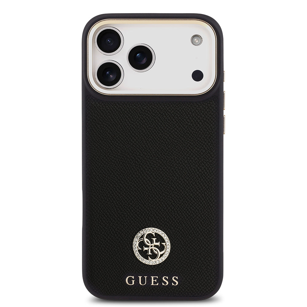 Guess iPhone 17 Pro Max Orjinal Lisanslı M-safe Şarj Özellikli Grained Yazı ve Taşlı 4G Logolu Kılıf
