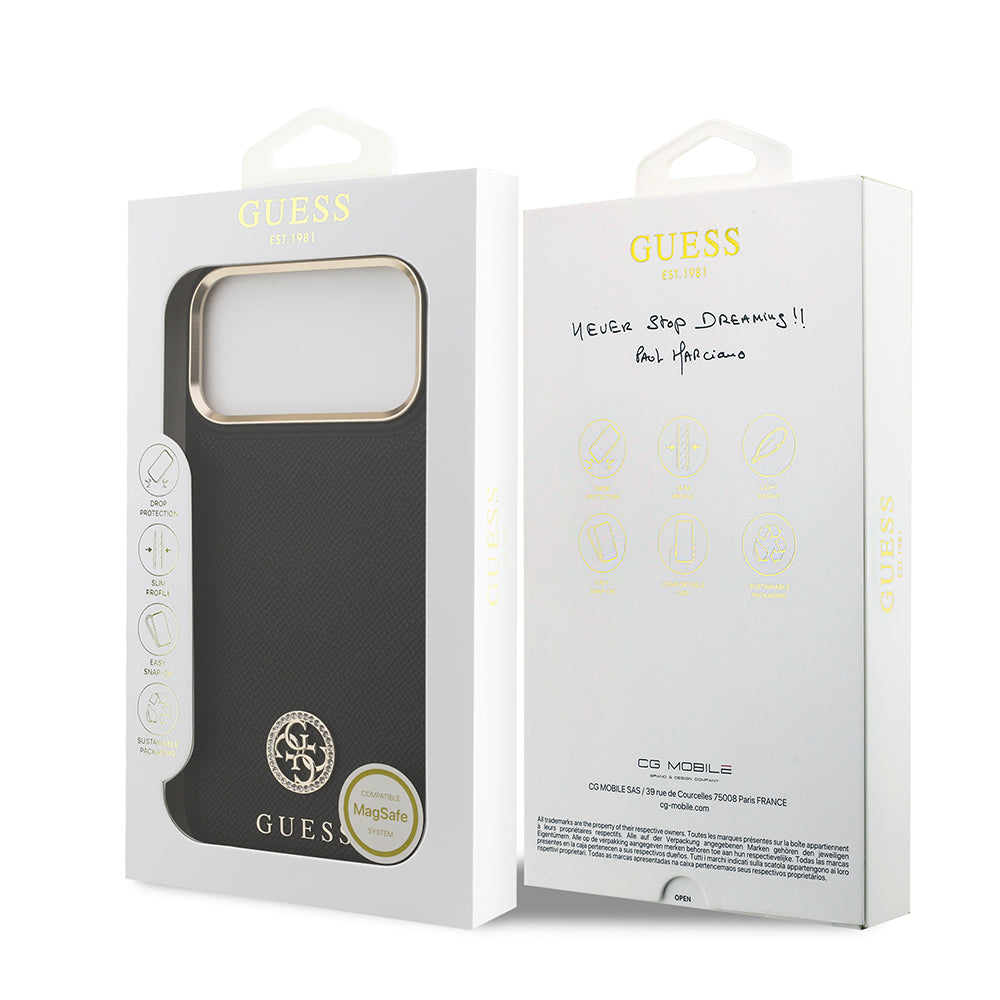 Guess iPhone 17 Pro Max Orjinal Lisanslı M-safe Şarj Özellikli Grained Yazı ve Taşlı 4G Logolu Kılıf