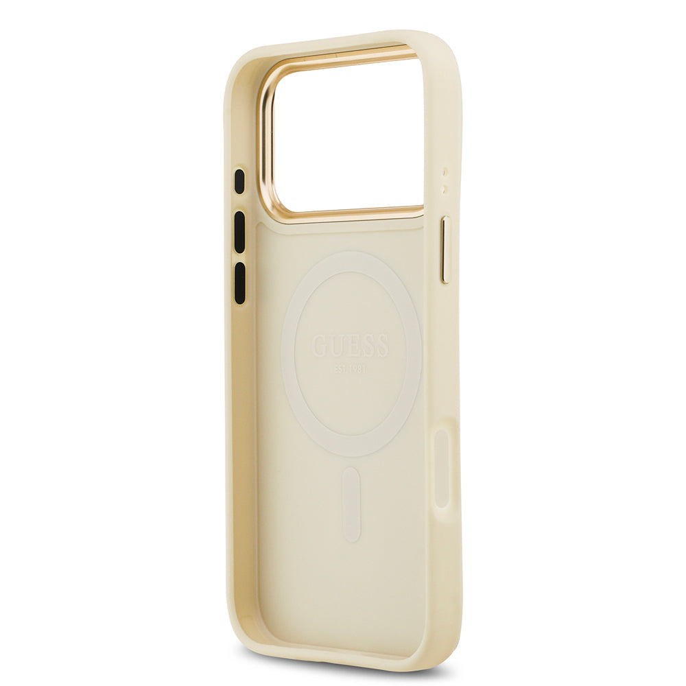 Guess iPhone 17 Pro Max Orjinal Lisanslı M-safe Şarj Özellikli Grained Yazı ve Taşlı 4G Logolu Kılıf