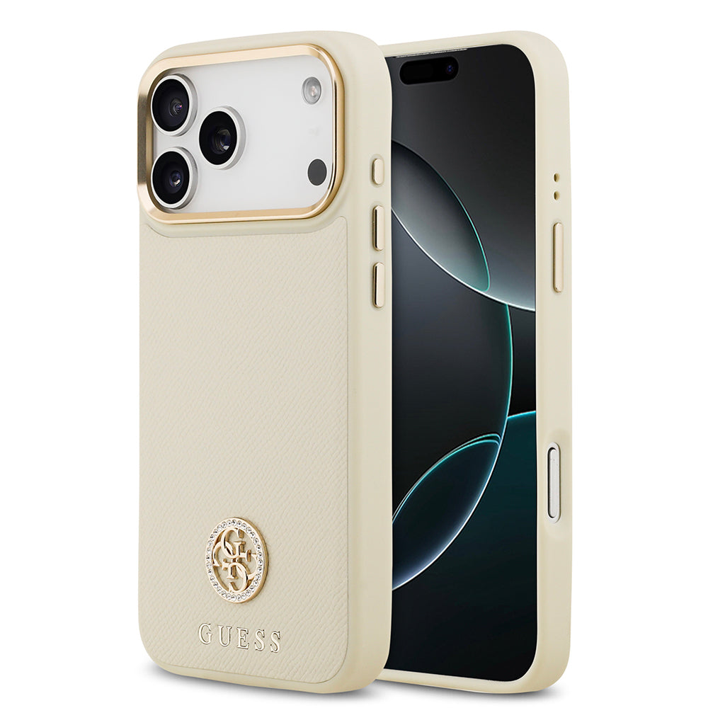 Guess iPhone 17 Pro Max Orjinal Lisanslı M-safe Şarj Özellikli Grained Yazı ve Taşlı 4G Logolu Kılıf